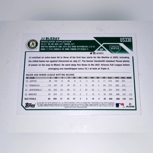 JJ Bleday Rookie Card Black & Orange Parallel Topps Update Series 2023 #US330 - Picture 2 of 2